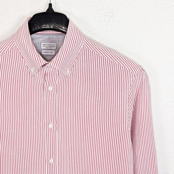 Brunello Cucinelli Button Down Shirt Oxford cotton Large Red White stripe - Picture 3 of 9